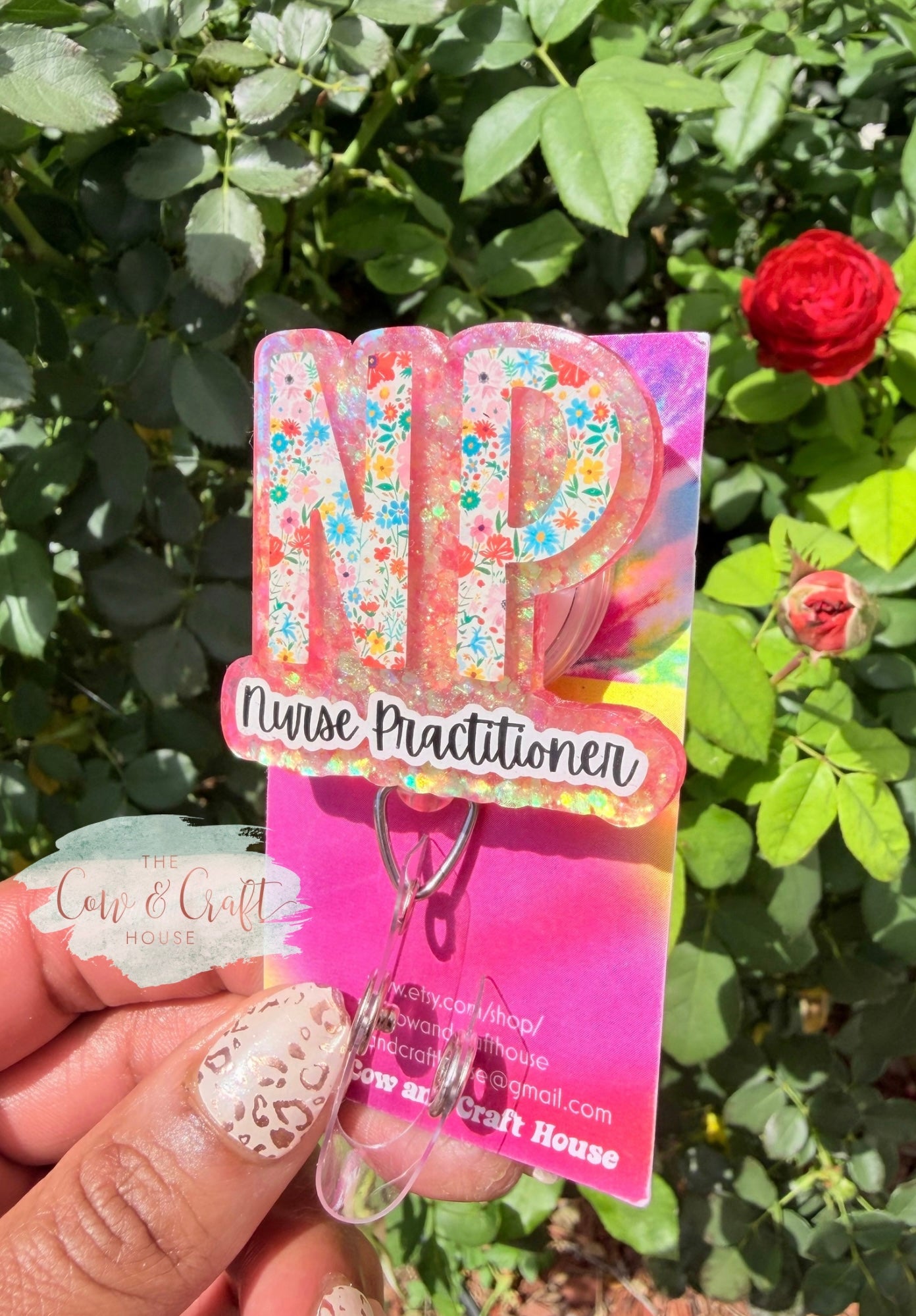 NP Badge Reel | Nurse Practitioner Badge Holder | Floral Peach Glitter Badge Reel | Retractable ID Holder | Swivel Clip Healthcare Gift