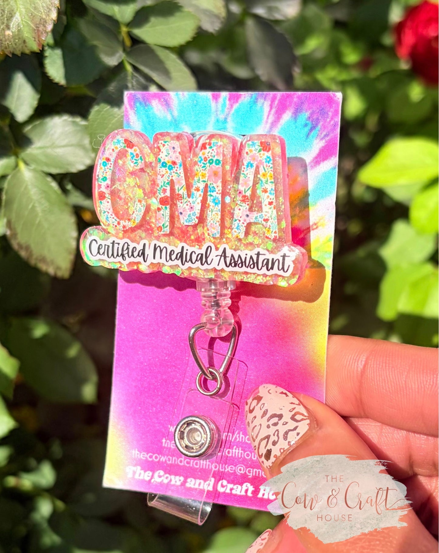 CMA Badge Reel | Certified Medical Assistant Badge Holder | Floral Peach Glitter Badge Reel | Retractable ID Holder | Swivel Clip Healthcare Gift