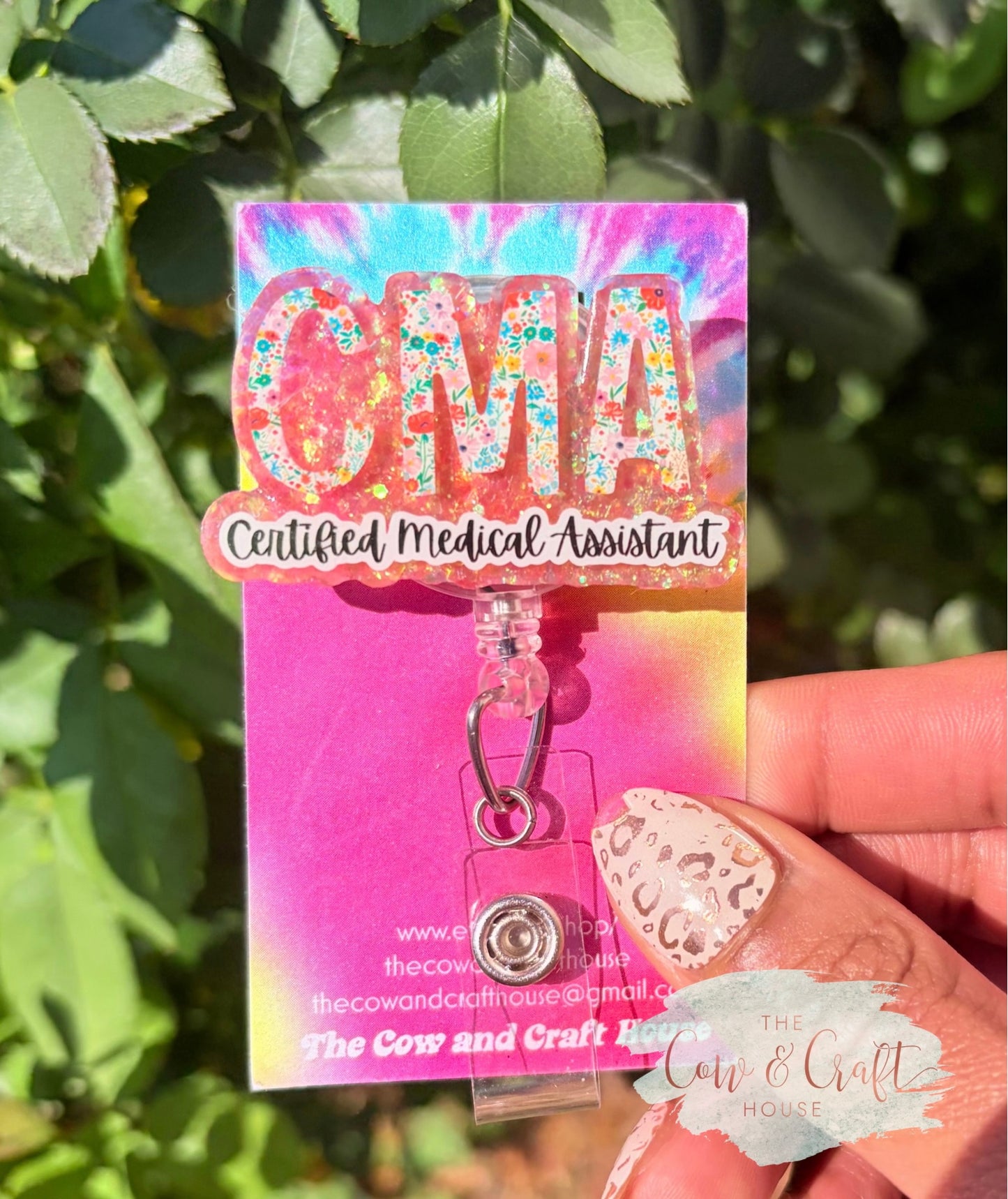CMA Badge Reel | Certified Medical Assistant Badge Holder | Floral Peach Glitter Badge Reel | Retractable ID Holder | Swivel Clip Healthcare Gift