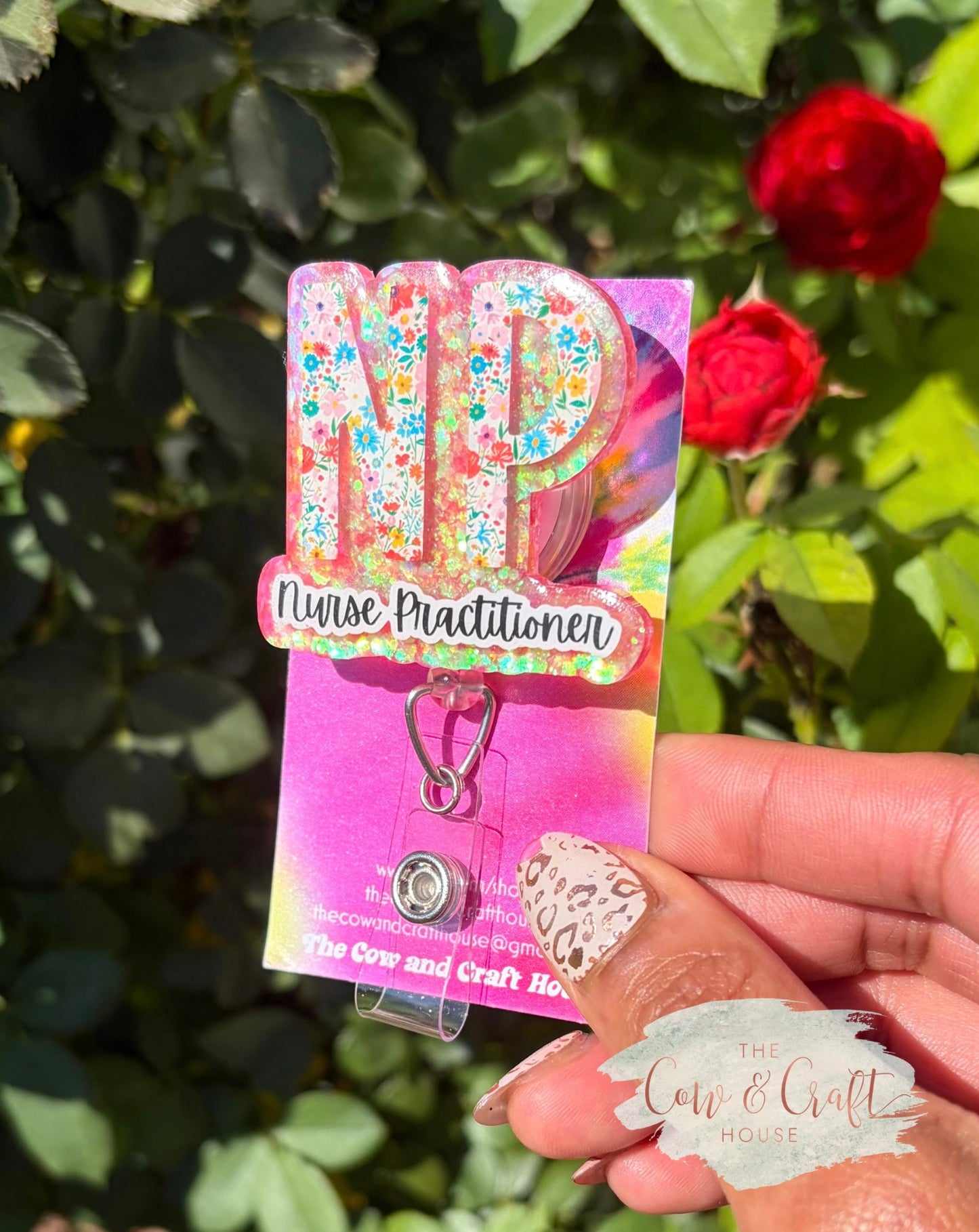 NP Badge Reel | Nurse Practitioner Badge Holder | Floral Peach Glitter Badge Reel | Retractable ID Holder | Swivel Clip Healthcare Gift
