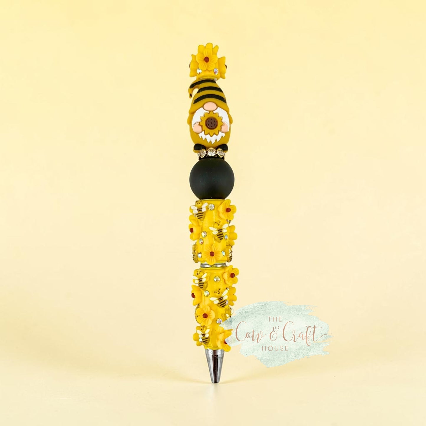 Sunflower Gnome Beaded Pen 🌻🐝 Cute Bee Flower Black Ink Pen for Teacher Nurse Planner Gift Handmade Yellow Focal Bead Pen