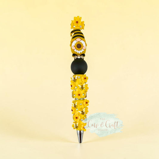 Sunflower Gnome Beaded Pen 🌻🐝 Cute Bee Flower Black Ink Pen for Teacher Nurse Planner Gift Handmade Yellow Focal Bead Pen
