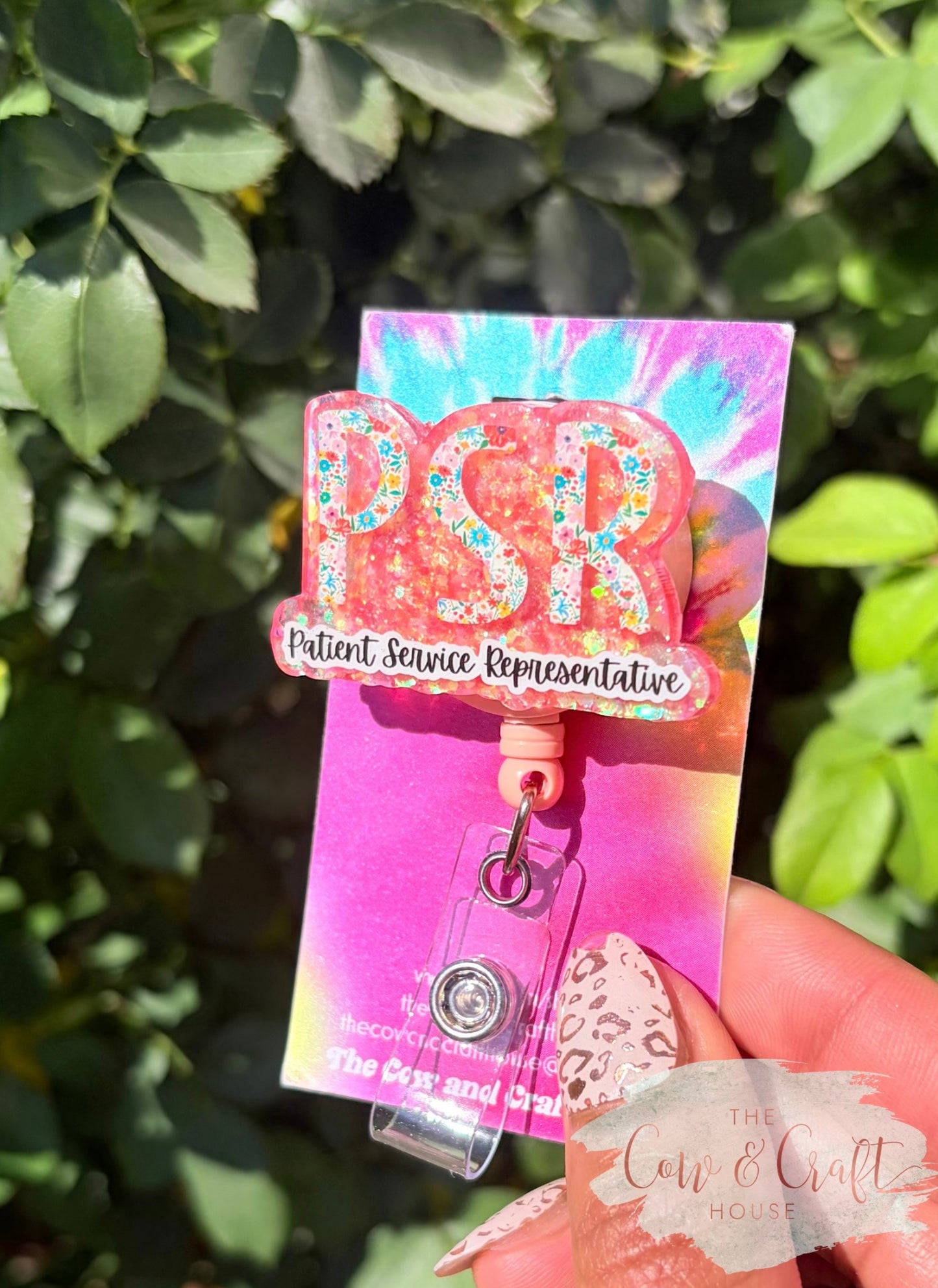 PSR Badge Reel | Patient Services Representative Badge Holder | Peach Glitter Floral Badge Reel | Swivel Clip Retractable ID Holder | Healthcare Gift