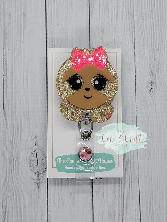 Glitter Sloth Badge Reel: Retractable Animal Badge Clip