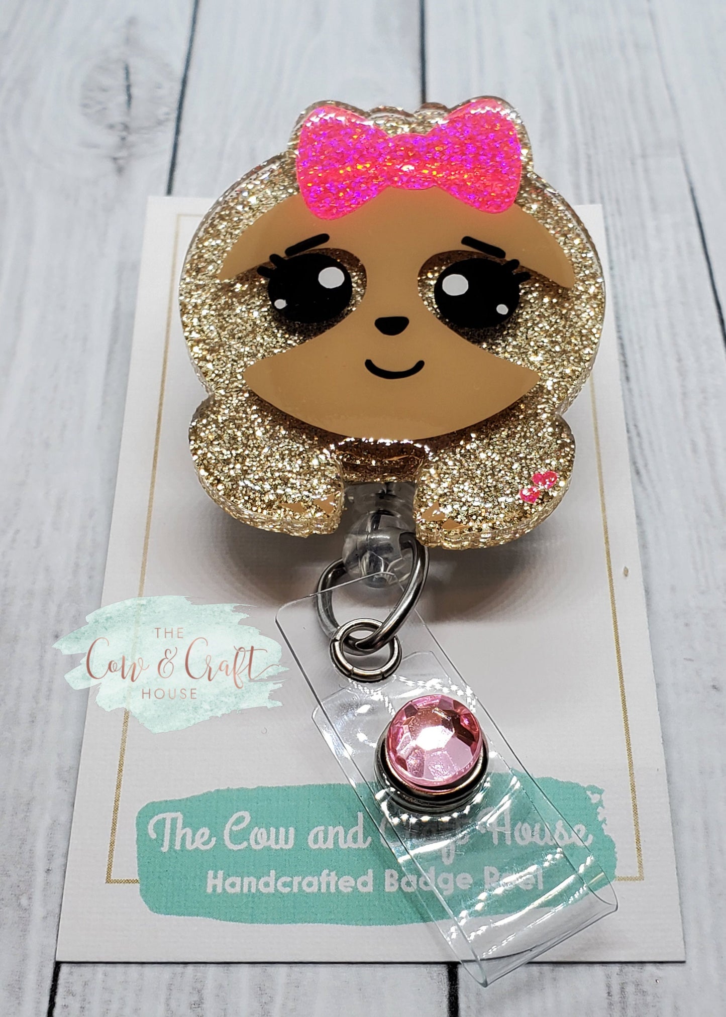 Glitter Sloth Badge Reel: Retractable Animal Badge Clip