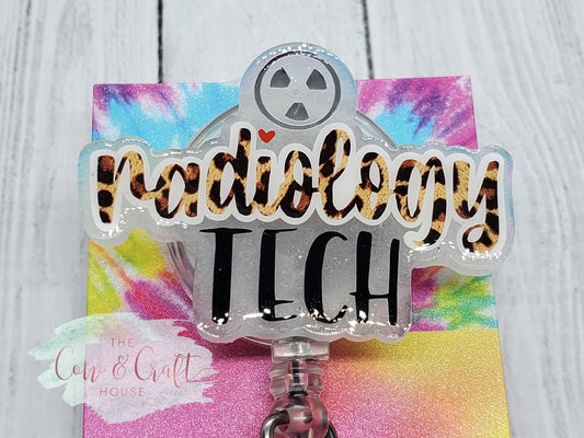 Radiology Tech Badge Reel: Leopard Print, Glitter, Skeleton Charm