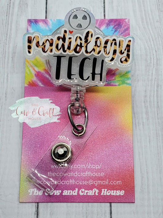 Radiology Tech Badge Reel: Leopard Print, Glitter, Skeleton Charm