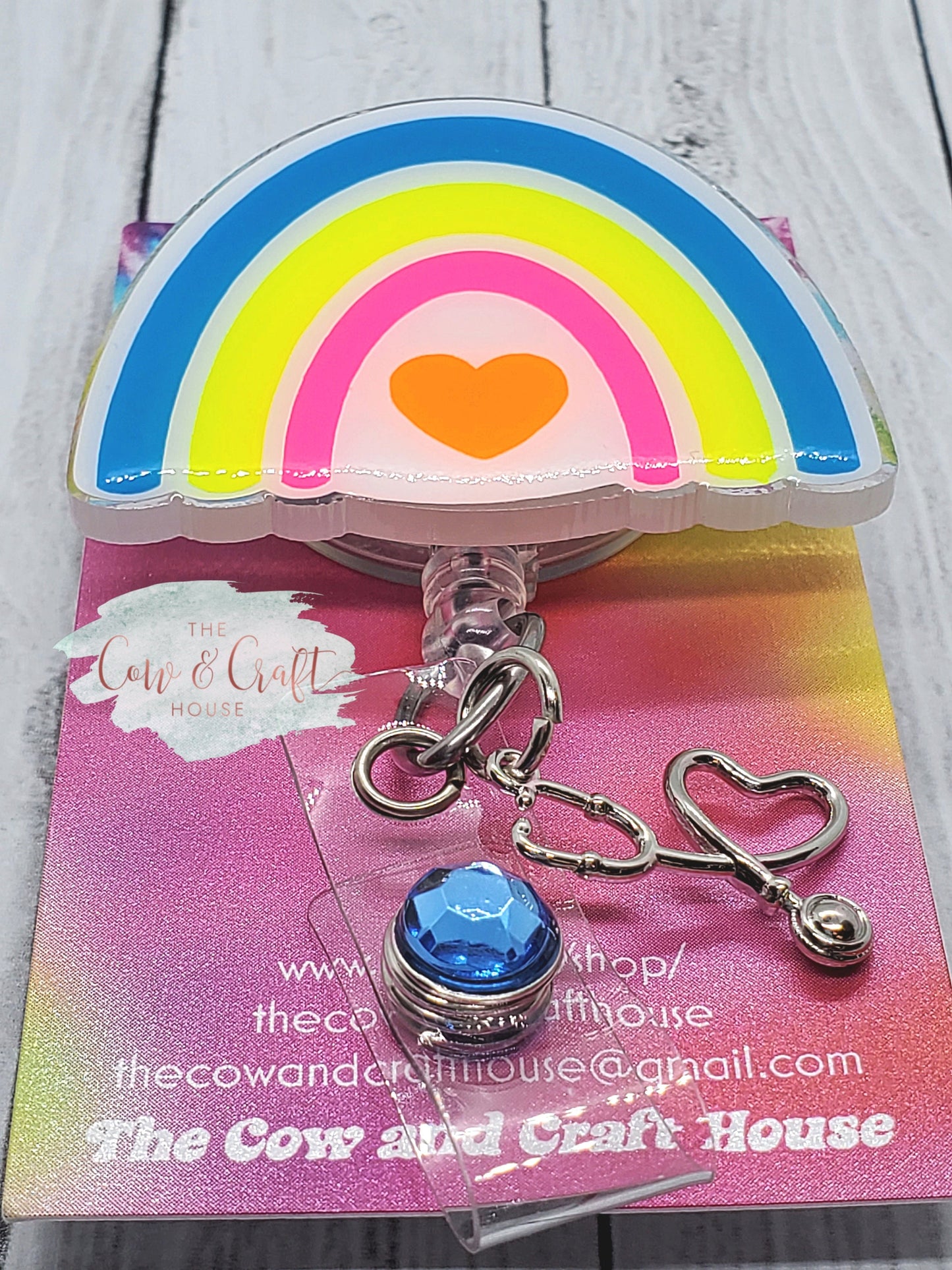Rainbow Badge Reel: Neon Acrylic Nurse ID Holder with Stethoscope Charm