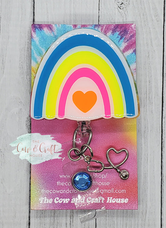 Rainbow Badge Reel: Neon Acrylic Nurse ID Holder with Stethoscope Charm