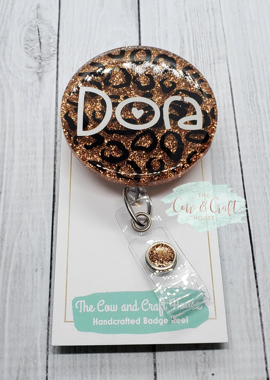 Leopard Glitter Badge Reel: Personalized Name ID Holder