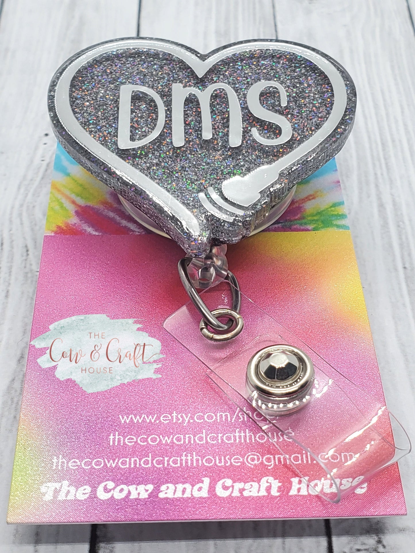 DMS Heart Badge Reel: Silver Glitter Sonographer ID Holder