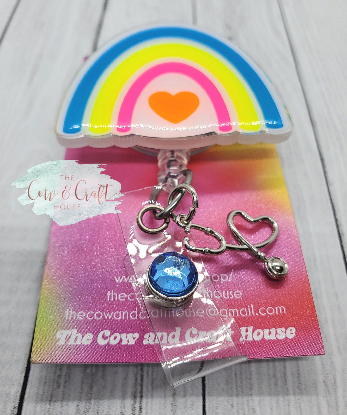 Rainbow Badge Reel: Neon Acrylic Nurse ID Holder with Stethoscope Charm