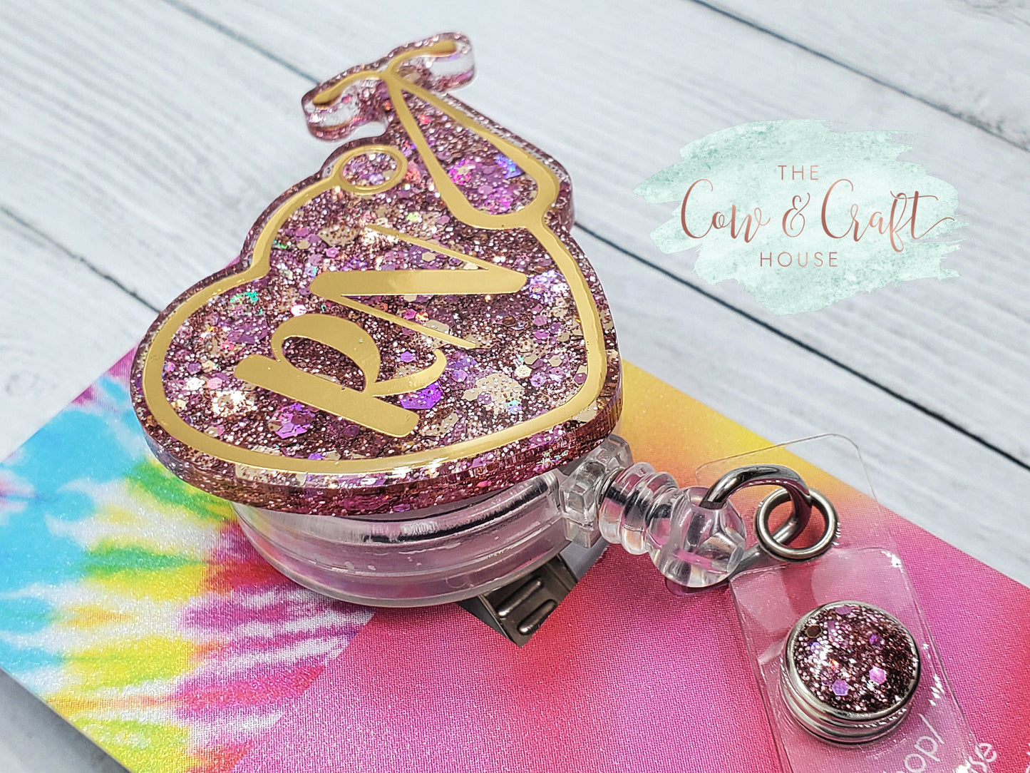 RN Badge Reel: Stethoscope Heart, Pink & Gold Glitter, Handmade