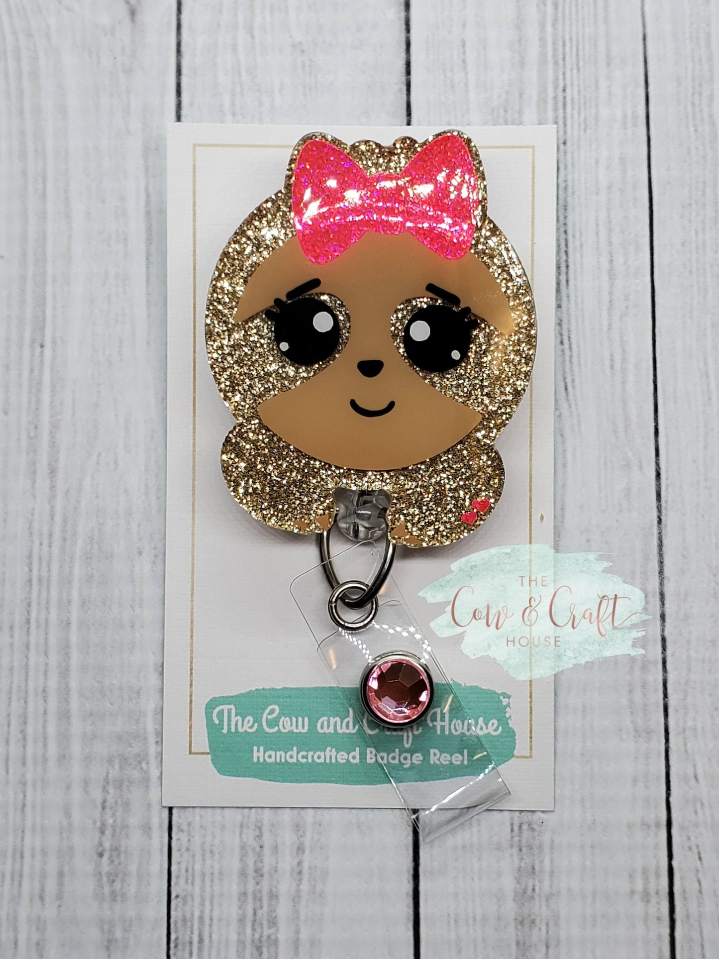 Glitter Sloth Badge Reel: Retractable Animal Badge Clip