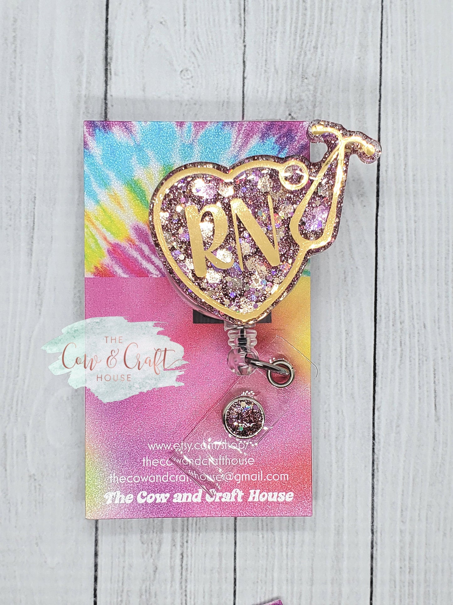 RN Badge Reel: Stethoscope Heart, Pink & Gold Glitter, Handmade