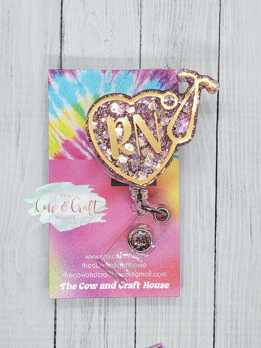 RN Badge Reel: Stethoscope Heart, Pink & Gold Glitter, Handmade