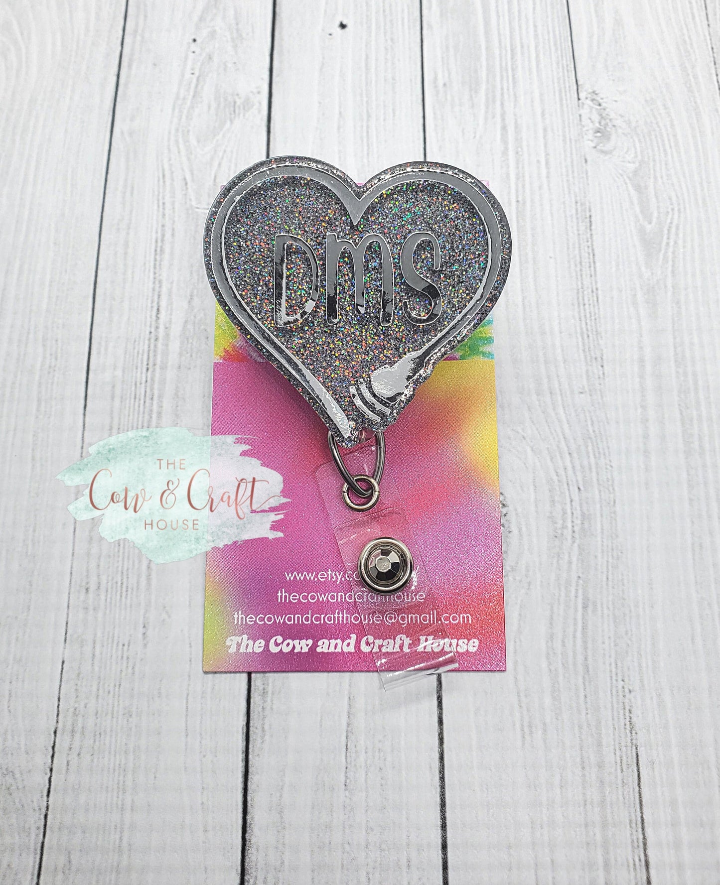 DMS Heart Badge Reel: Silver Glitter Sonographer ID Holder