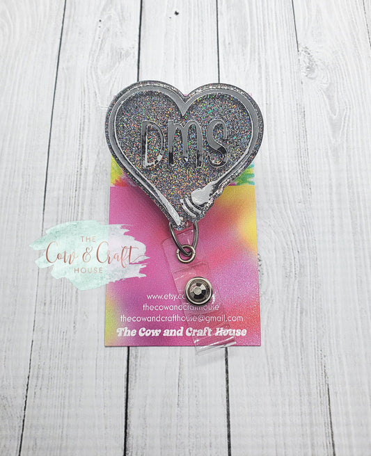 DMS Heart Badge Reel: Silver Glitter Sonographer ID Holder