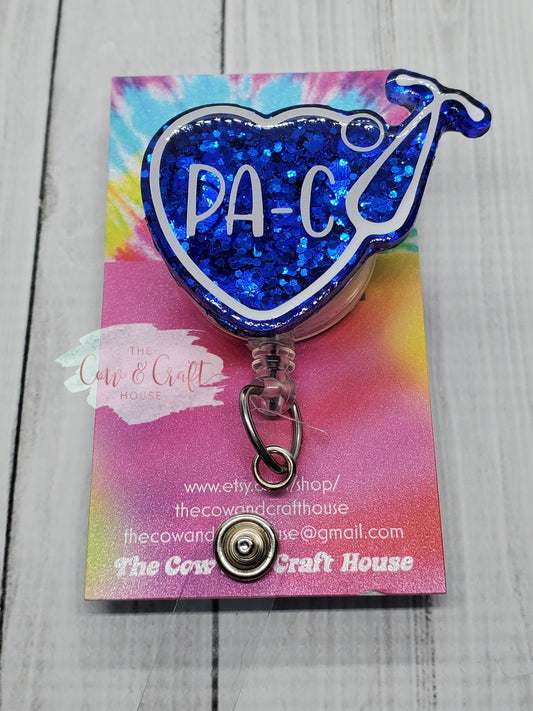 PA-C Stethoscope Badge Reel: Glitter Heart, Handmade