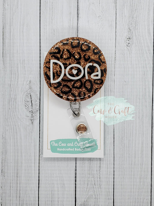 Leopard Glitter Badge Reel: Personalized Name ID Holder