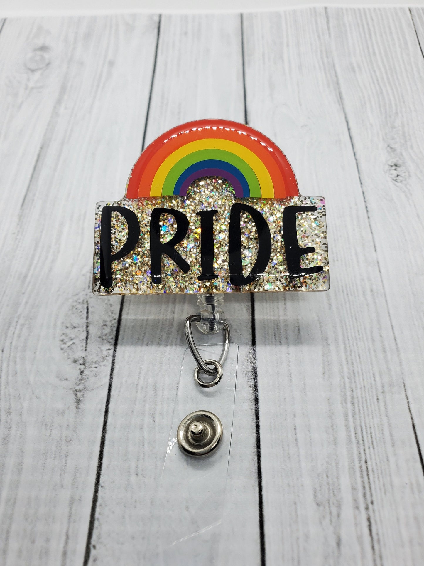 Pride Badge Reel: Rainbow Glitter Acrylic ID Holder