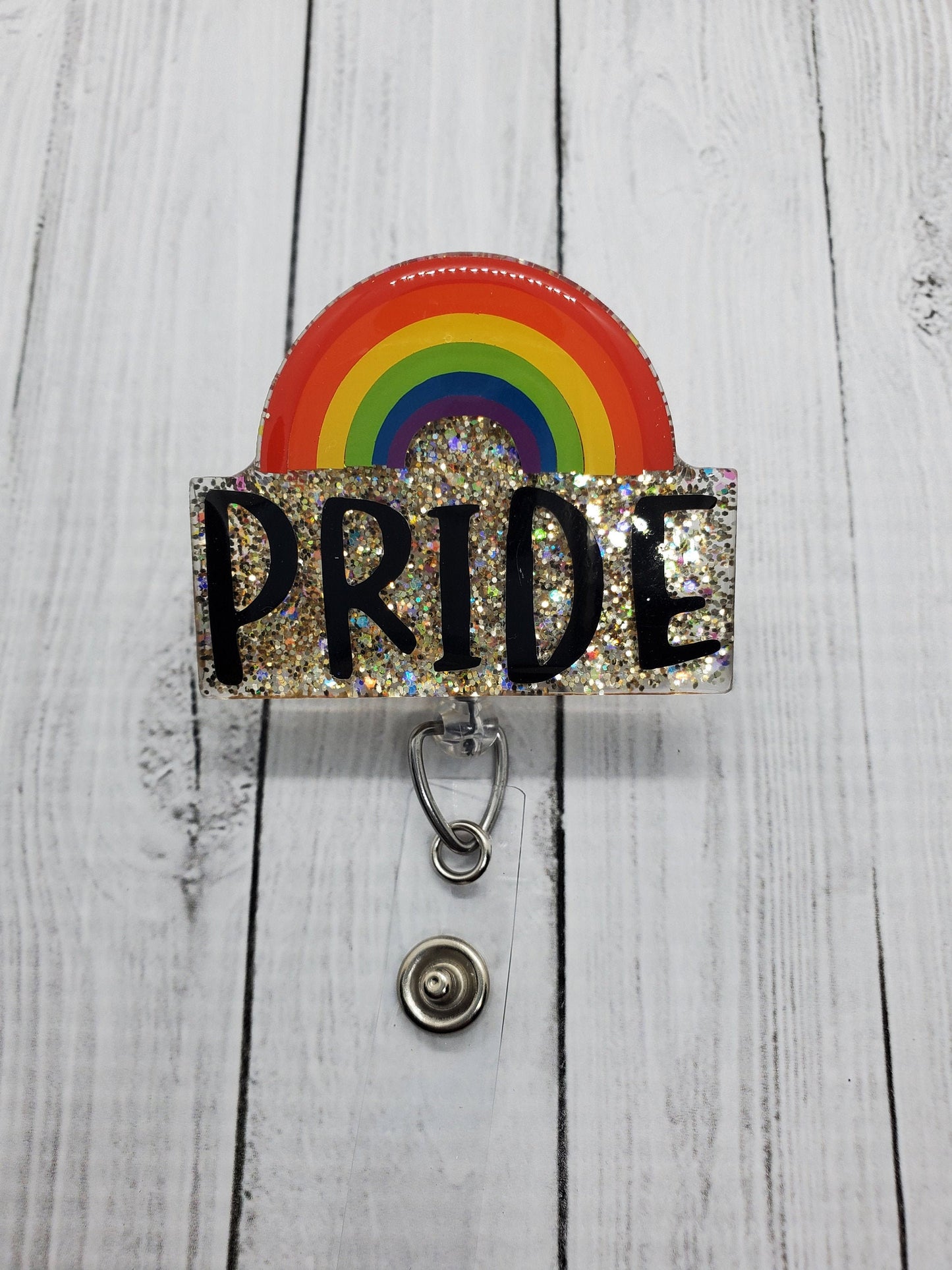 Pride Badge Reel: Rainbow Glitter Acrylic ID Holder