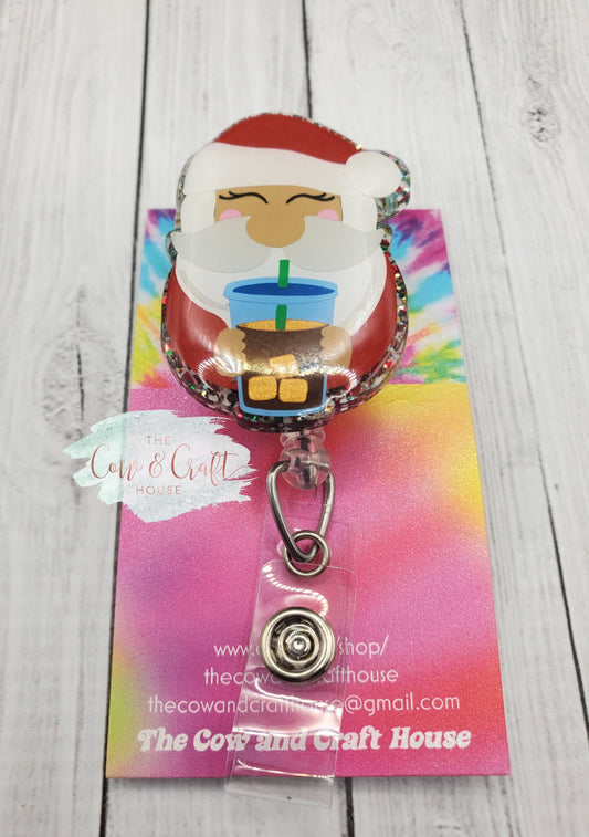 Santa with Coffee Badge Reel: Holiday ID Badge Holder