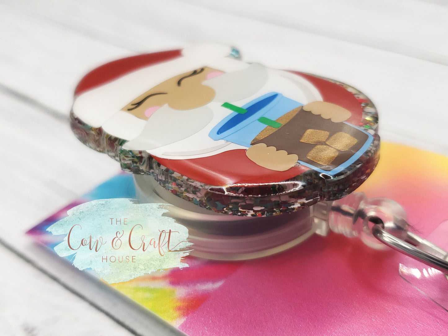 Santa with Coffee Badge Reel: Holiday ID Badge Holder