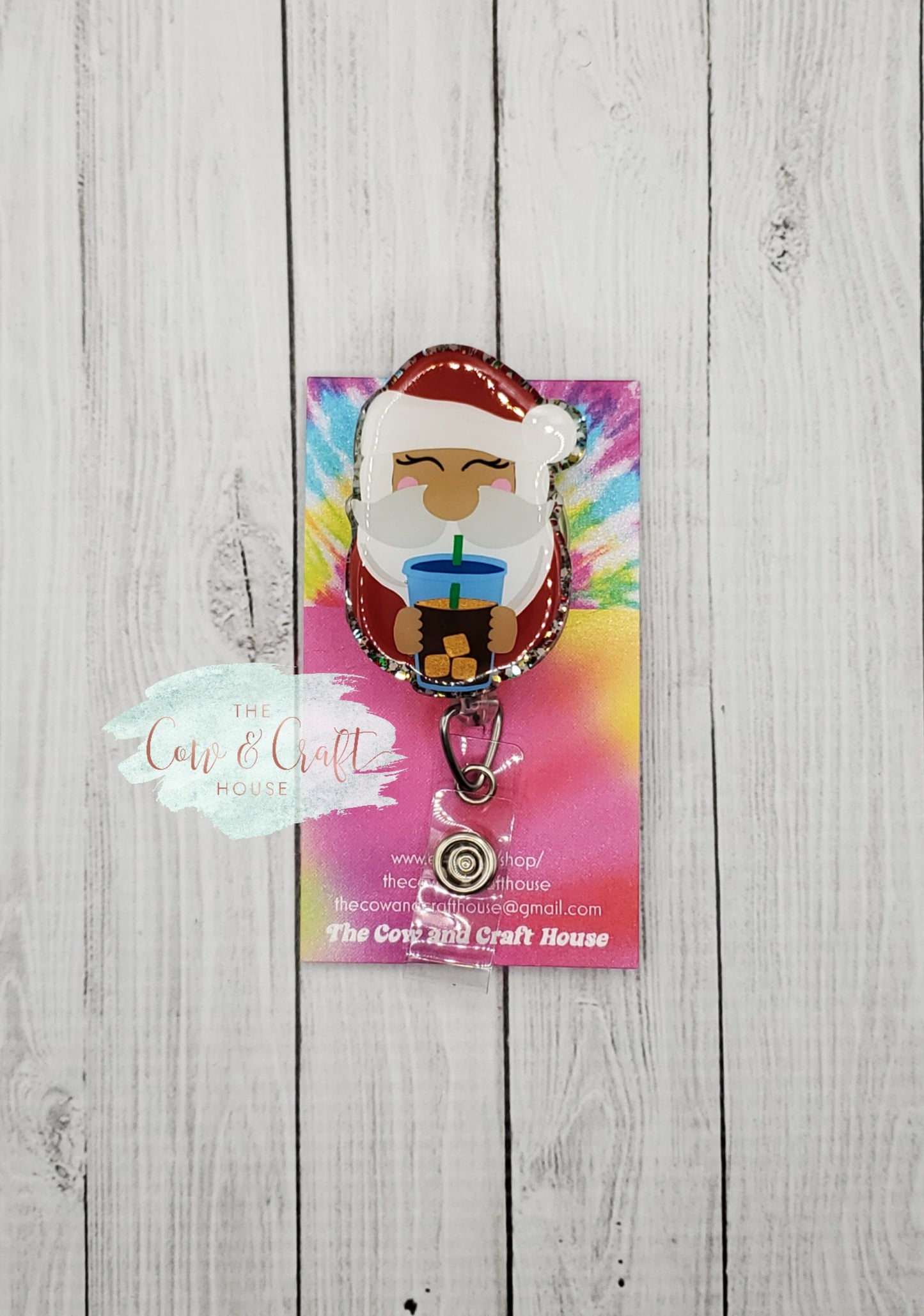 Santa with Coffee Badge Reel: Holiday ID Badge Holder