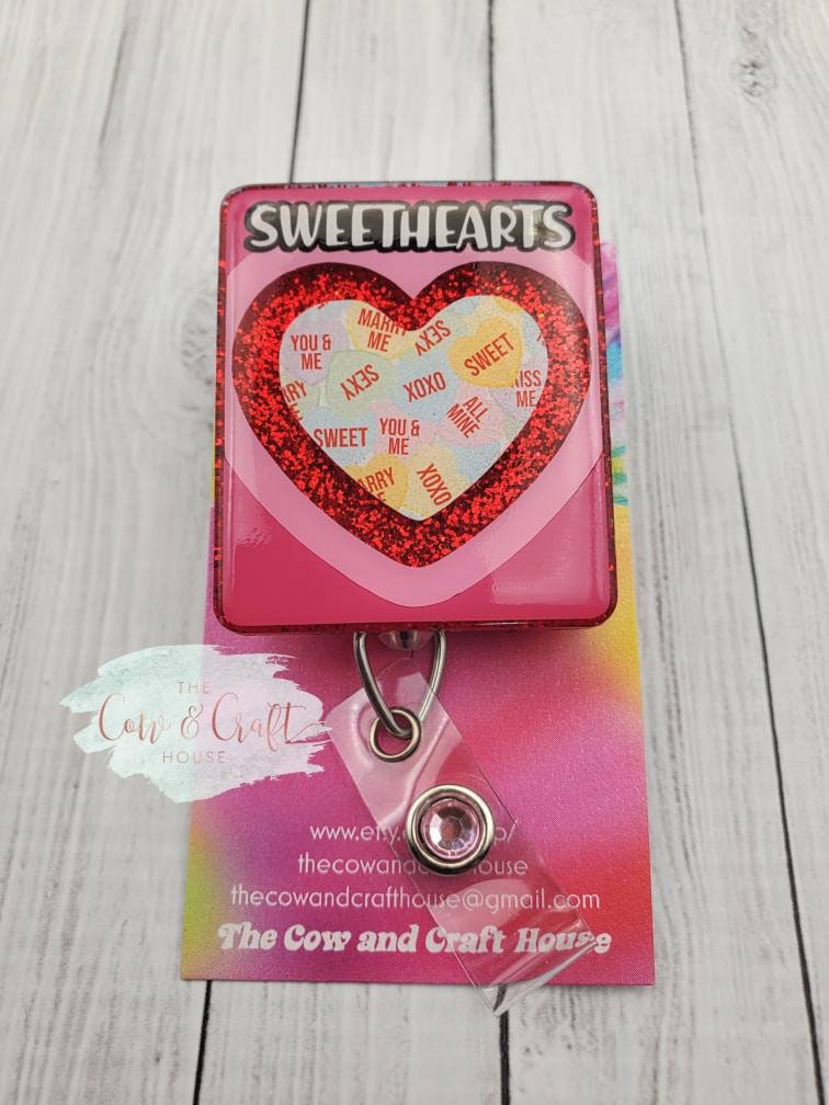 Candy Hearts Badge Reel, Valentine's Day Swivel Clip, Nurse Gift