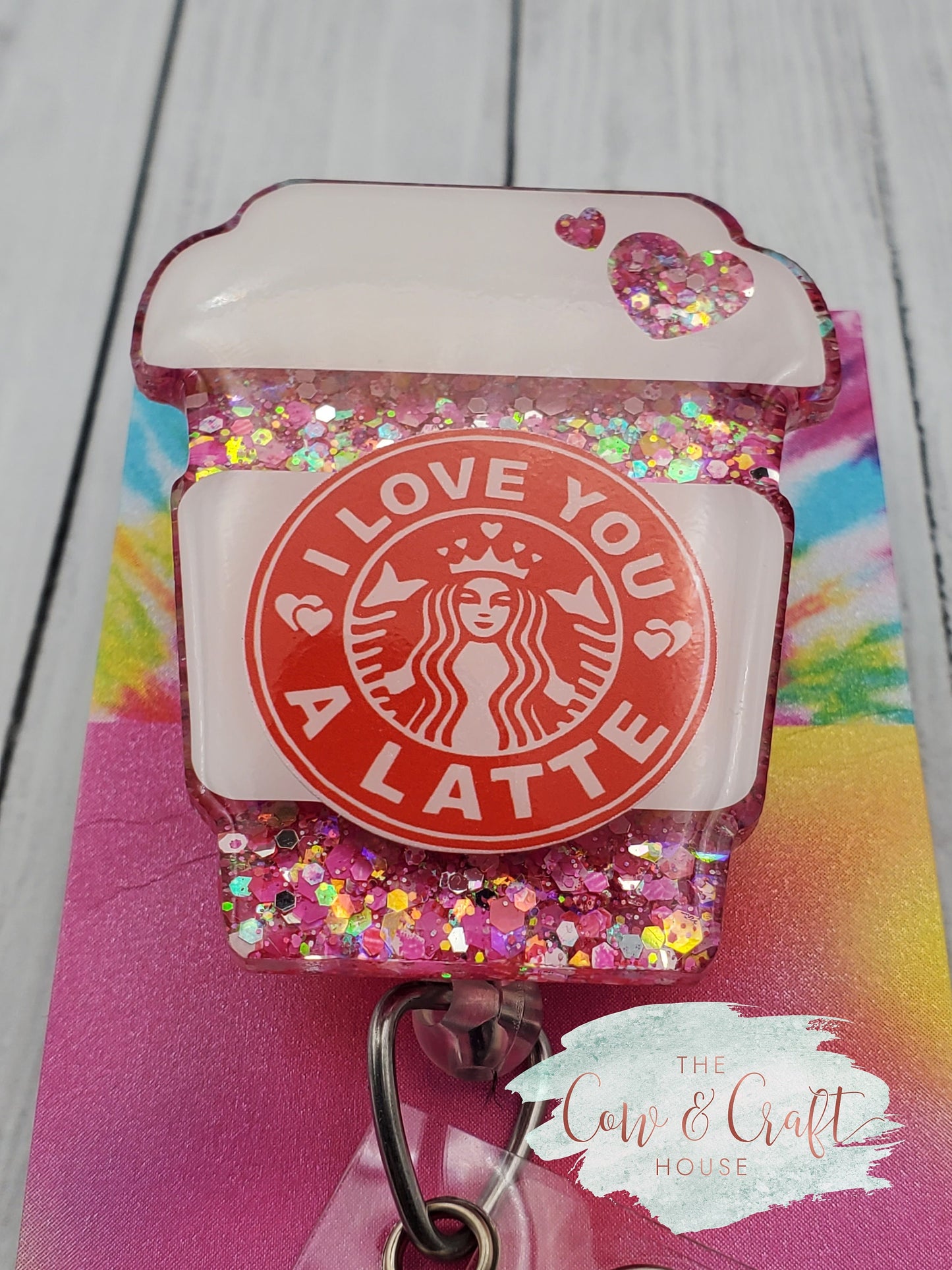 Starbucks Badge Reel: I Love You A Latte, Glitter Resin Acrylic
