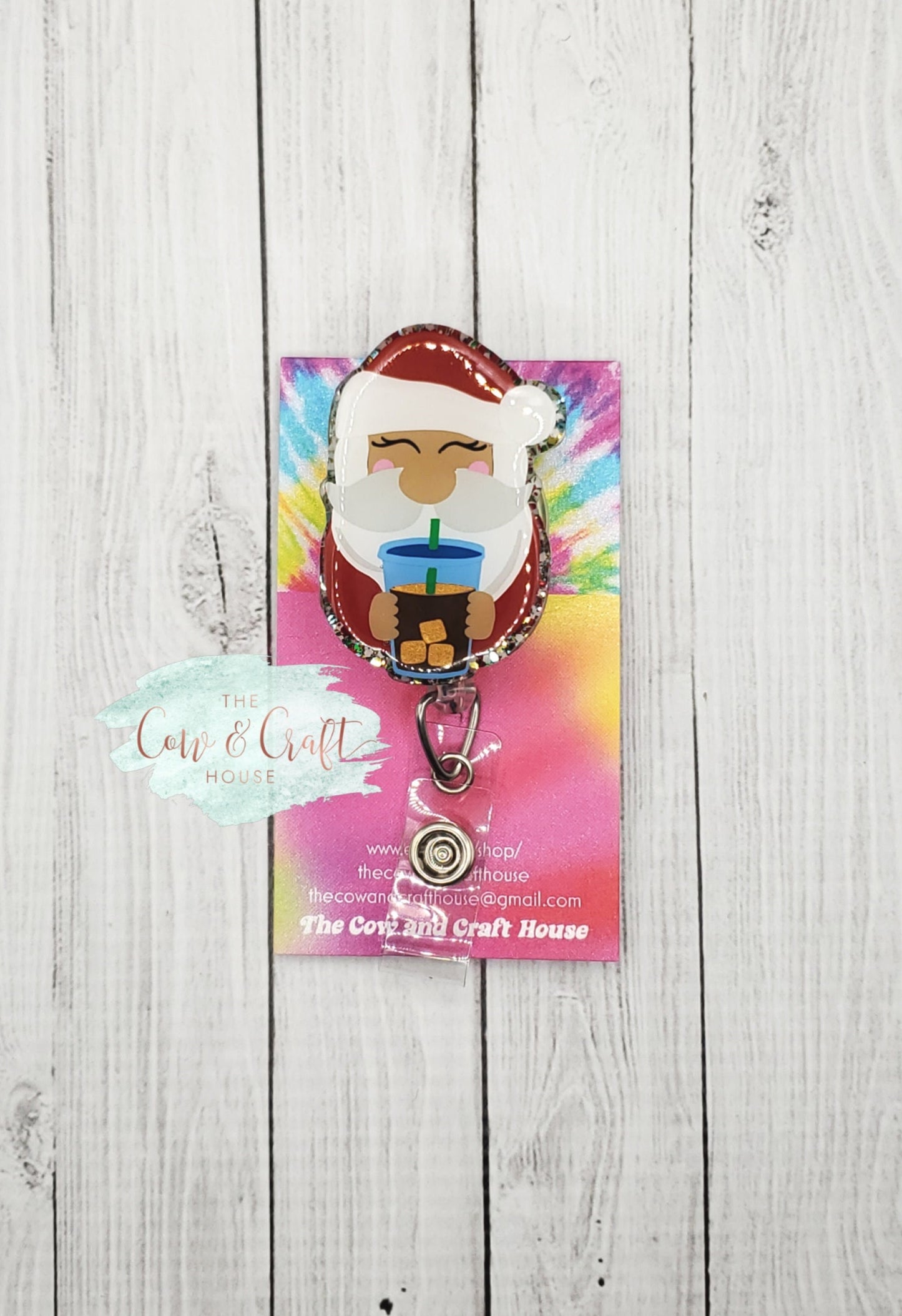Santa with Coffee Badge Reel: Holiday ID Badge Holder