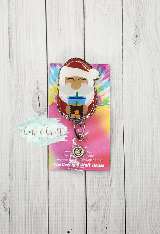 Santa with Coffee Badge Reel: Holiday ID Badge Holder