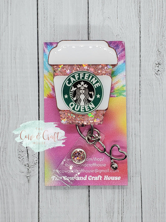 Caffeine Queen Starbucks Badge Reel, Glitter Resin Nurse Badge Clip