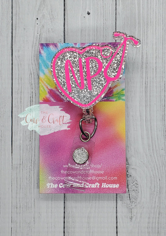NP Stethoscope Heart Badge Reel: Nurse Practitioner ID Holder