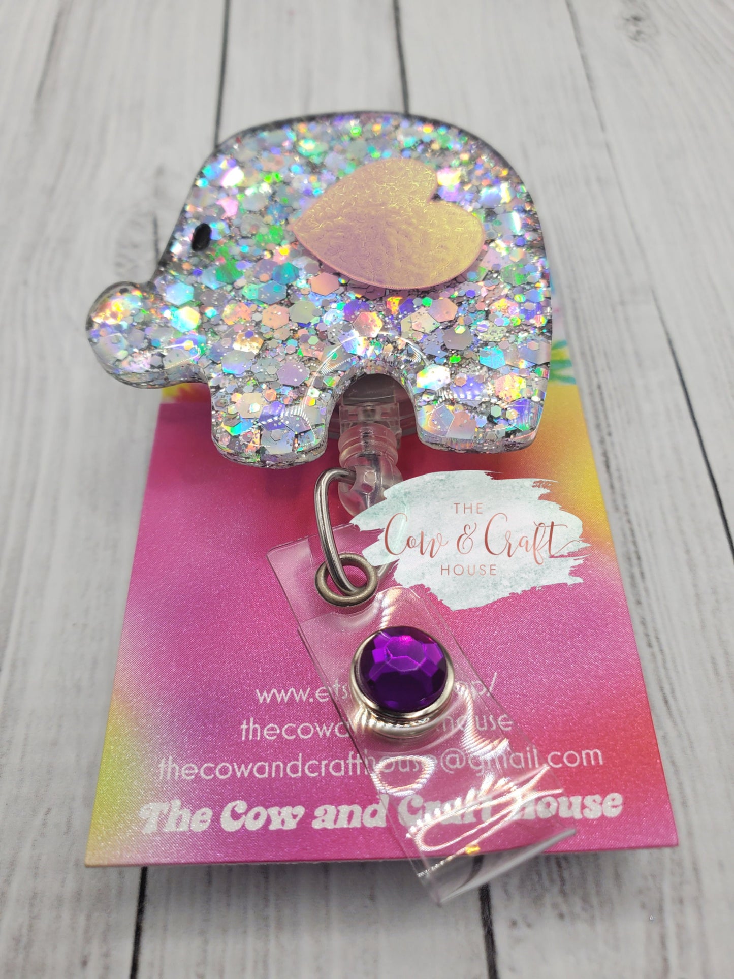 Elephant Badge Reel: Glitter Acrylic ID Badge Holder