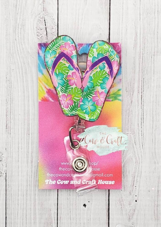 Flip Flops Badge Reel: Floral Summer ID Holder