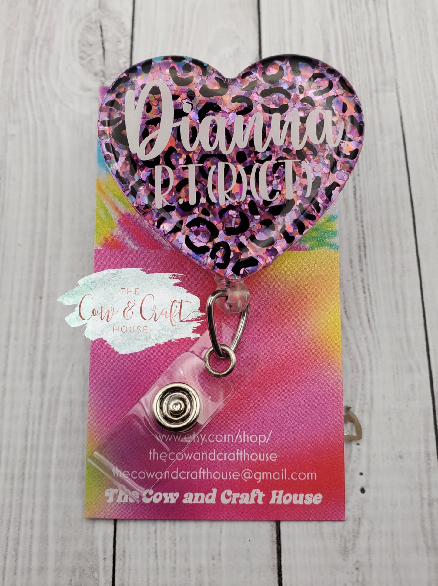 Heart Badge Reel: Glitter Leopard Print RN ID Holder