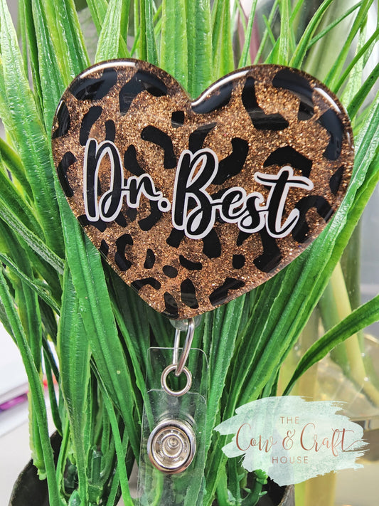 Heart Badge Reel: Glitter Leopard Print RN ID Holder