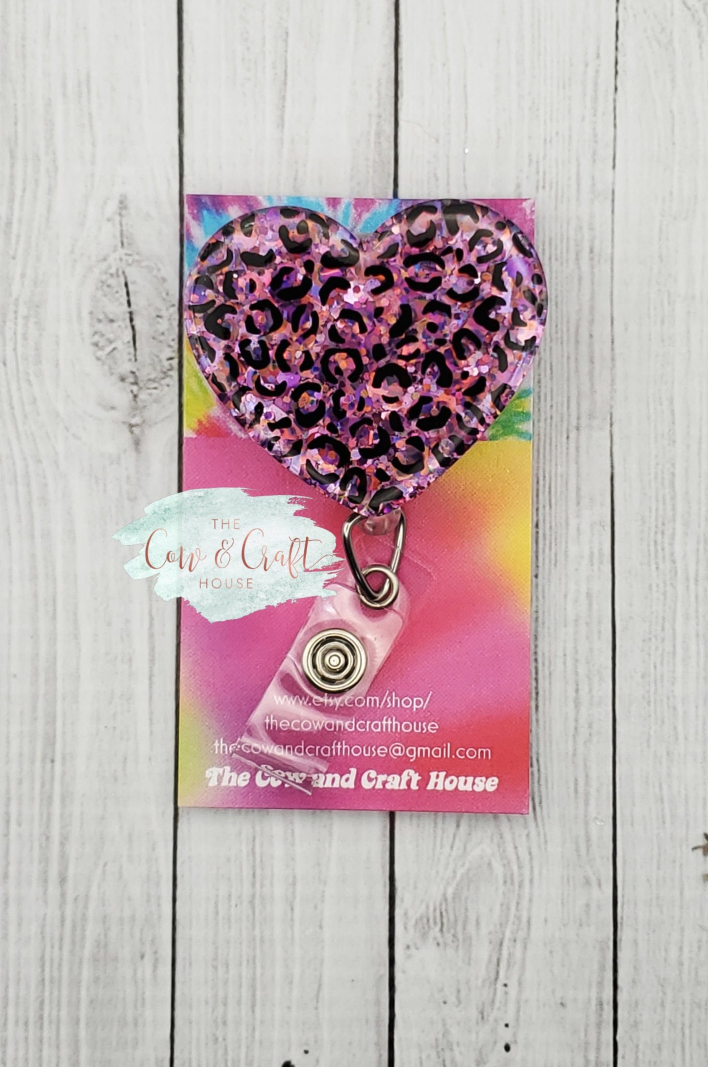 Heart Badge Reel: Glitter Leopard Print RN ID Holder