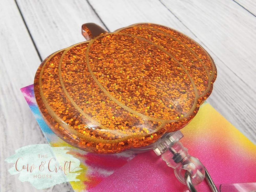 Orange Glitter Pumpkin Badge Reel – Fall ID Holder