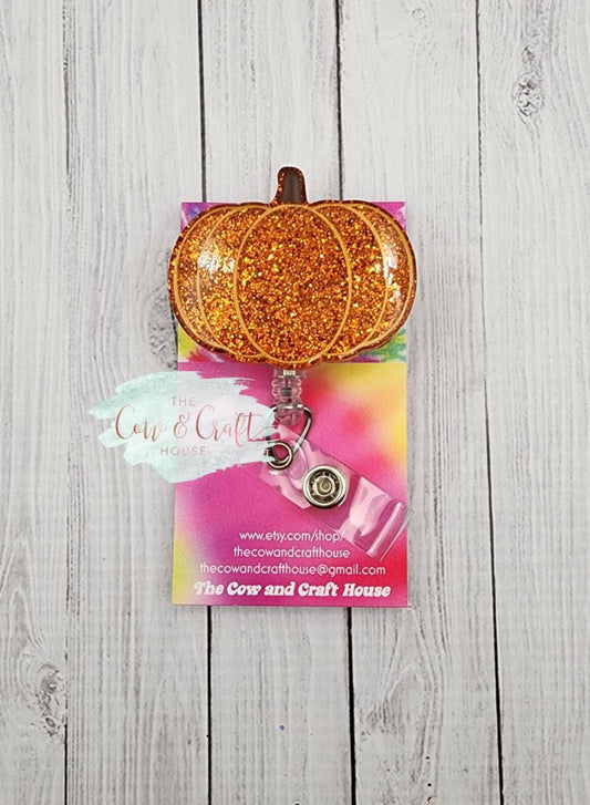 Orange Glitter Pumpkin Badge Reel – Fall ID Holder