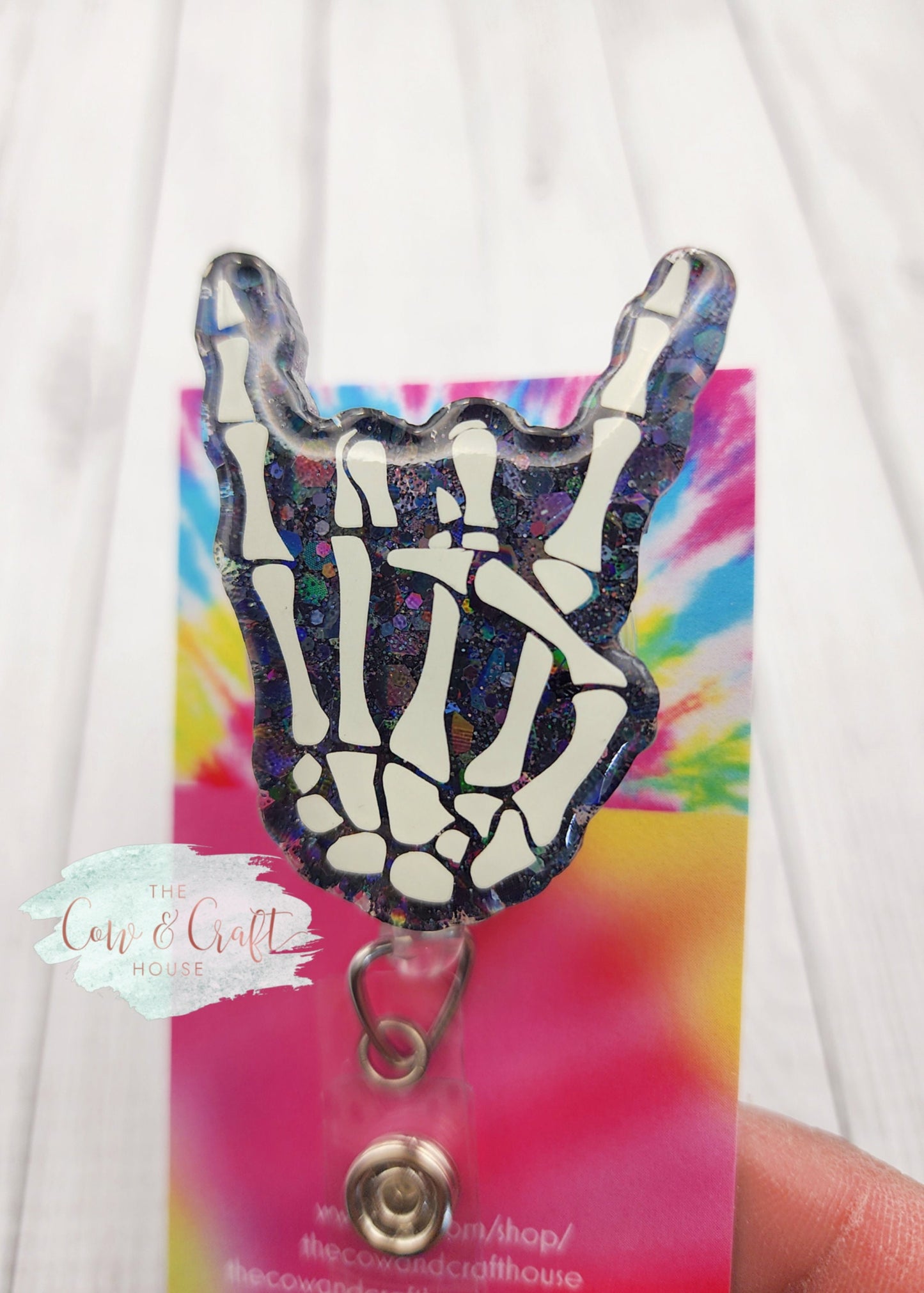 Rock On Skeleton Hand Badge Reel: Glow in the Dark Glitter Radiology Badge