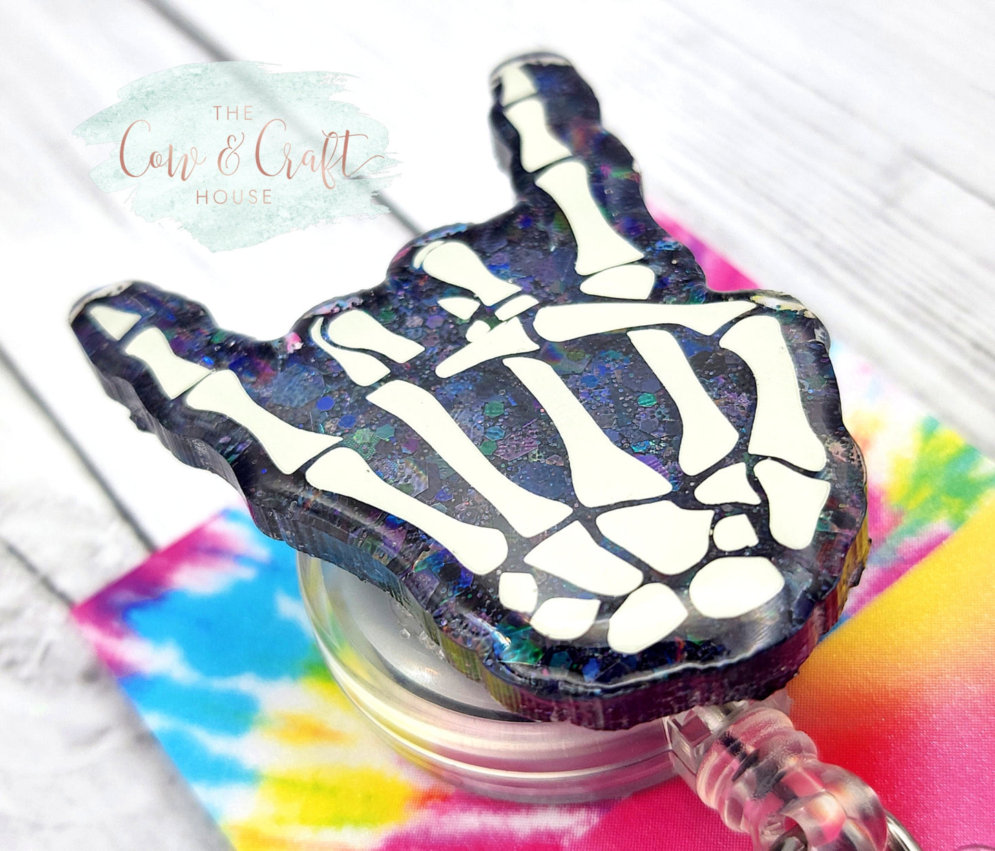 Rock On Skeleton Hand Badge Reel: Glow in the Dark Glitter Radiology Badge