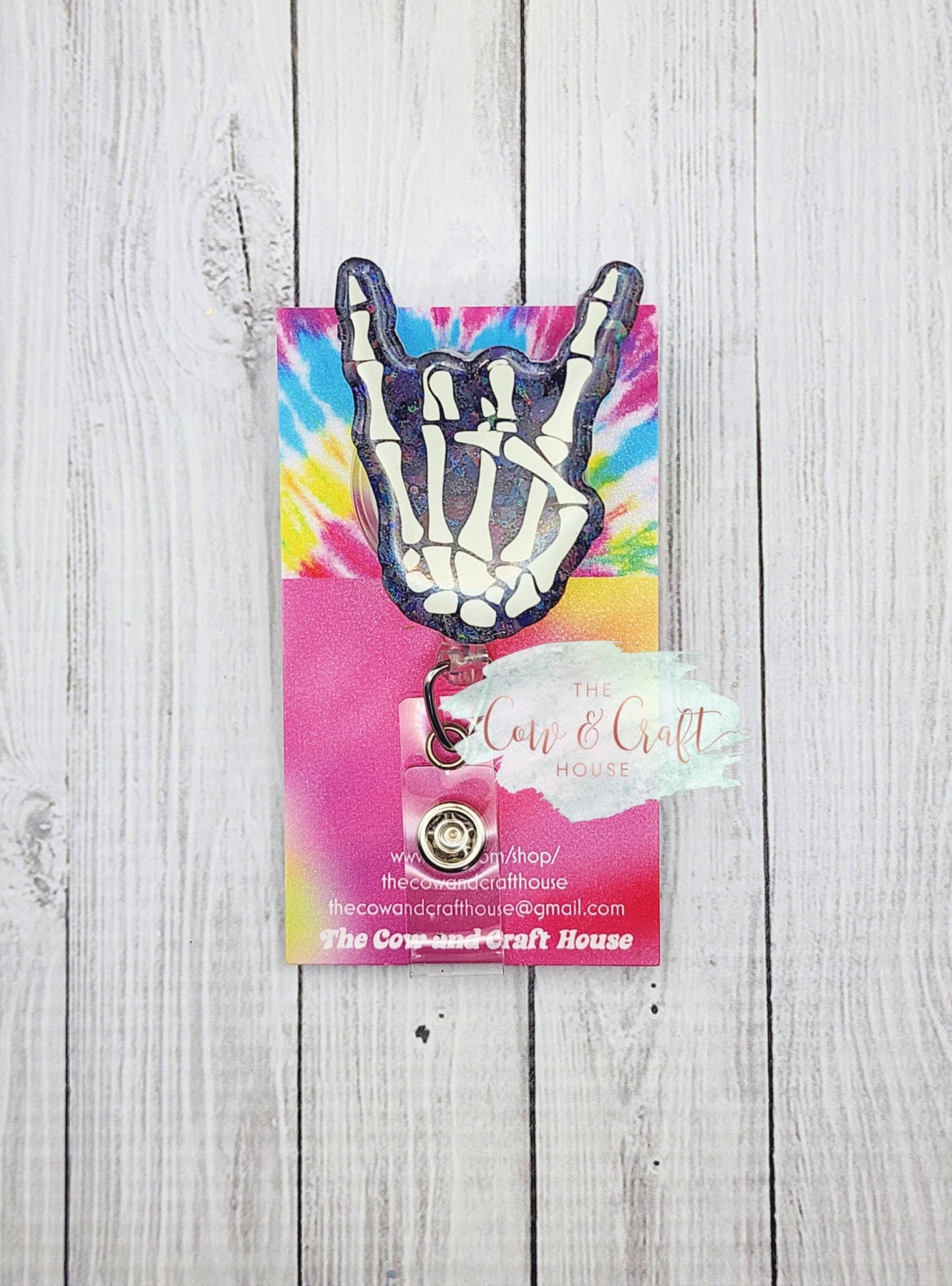 Rock On Skeleton Hand Badge Reel: Glow in the Dark Glitter Radiology Badge