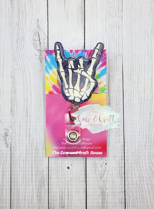 Rock On Skeleton Hand Badge Reel: Glow in the Dark Glitter Radiology Badge