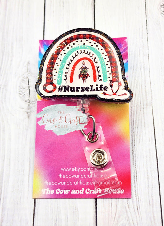 Reindeer Christmas Badge Reel: Glitter Nurse ID Holder