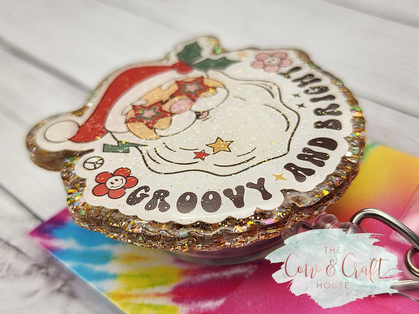 Groovy Santa Christmas Badge Reel: Glitter ID Holder