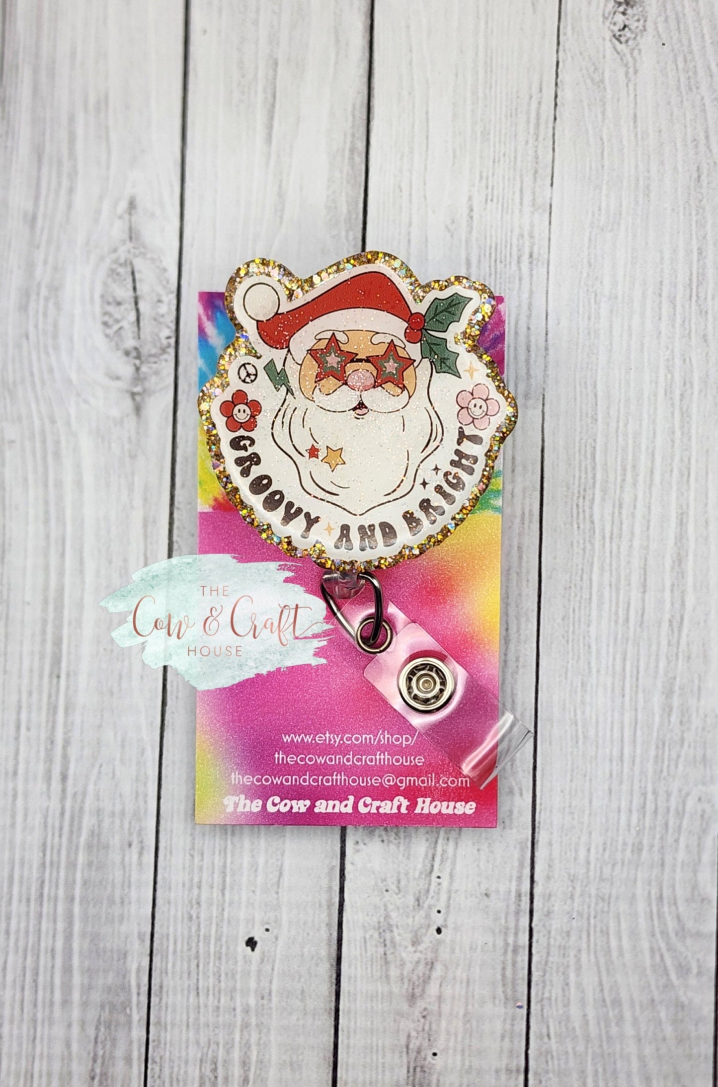 Groovy Santa Christmas Badge Reel: Glitter ID Holder