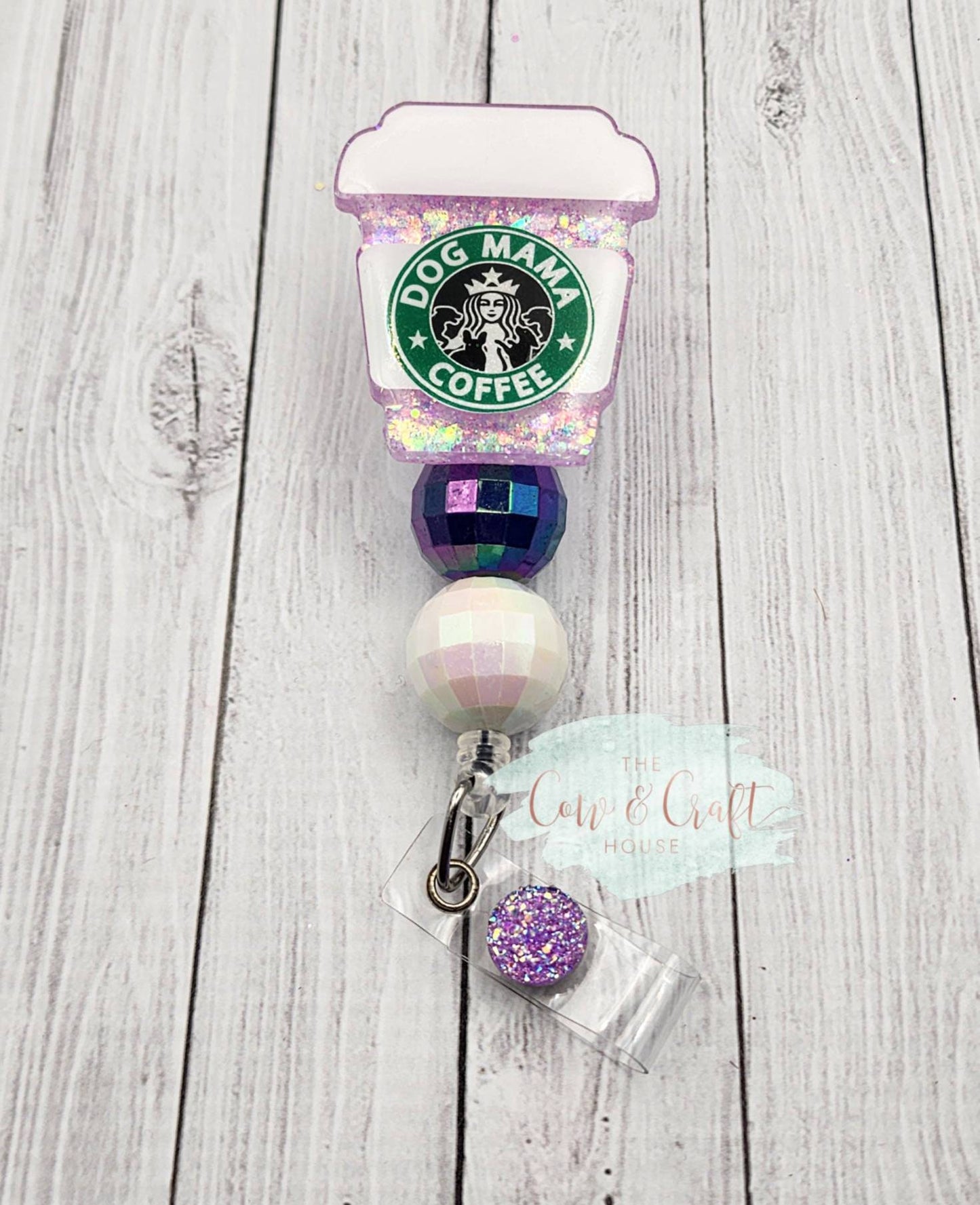 Dog Mama Starbucks Badge Reel: Shimmer Glitter Acrylic Badge